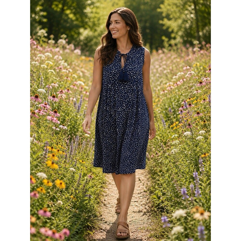 Old Navy Blue White Design Midi Dress Sleeveless Tassels Large Pleated NWOT